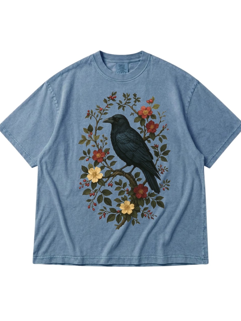 Comfort Colors Blue Jean Graphic Tee with Black Raven and Floral Print